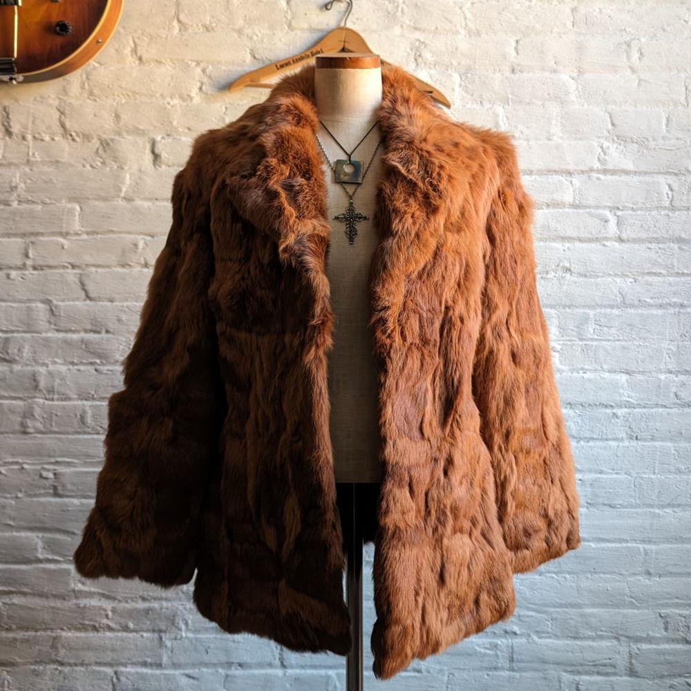 Vintage Mob Wife Rabbit Fur Coat Rusty Red Brown Penny Lane Shaggy Furry Jacket - Picture 1 of 11